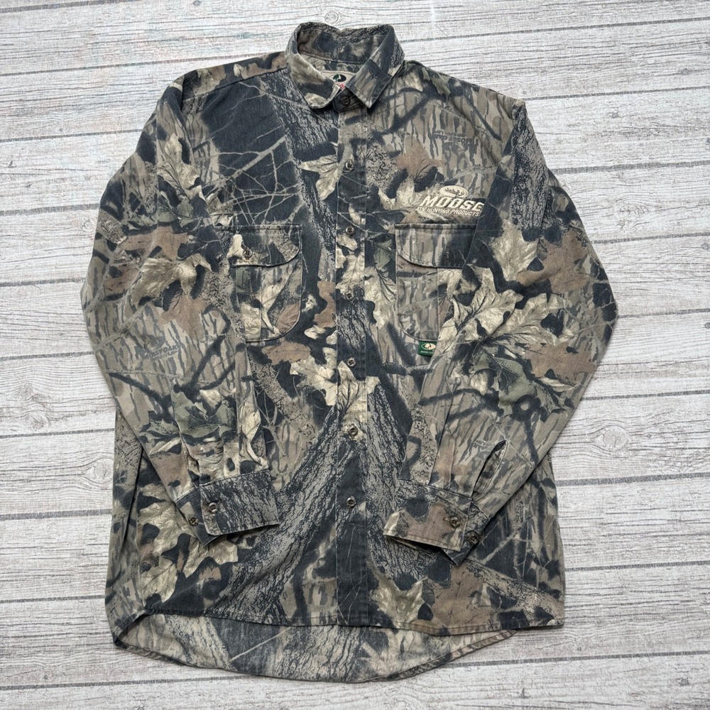 Mossy Oak Shirt Men's Large Green Camo Button Down Long Sleeve Hunting Outdoor